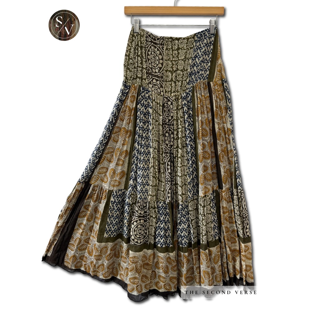 Cotton Crinkle Gauze Tiered Maxi Skirt Block Print Elastic Waist‎ Boho Lagenlook